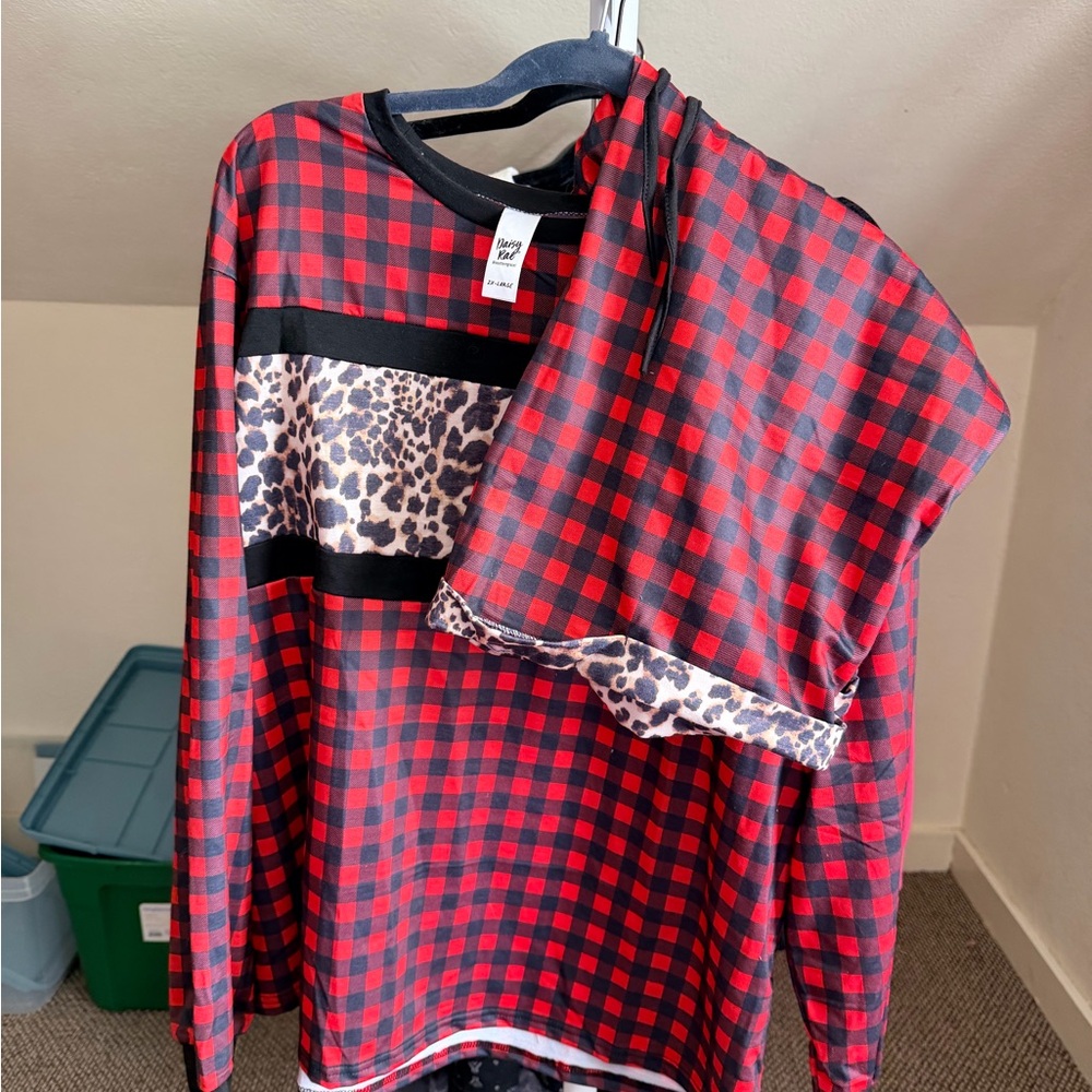 Red and Black Plaid Long Sleeve Top with Leopard Print
